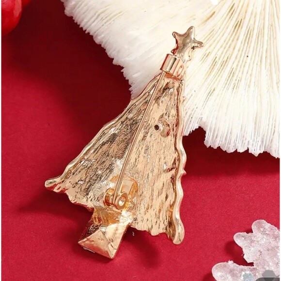 Christmas Tree Brooch Pin Gold Tone Rhinestone Holiday Xmas Jewelry - Picture 3 of 3